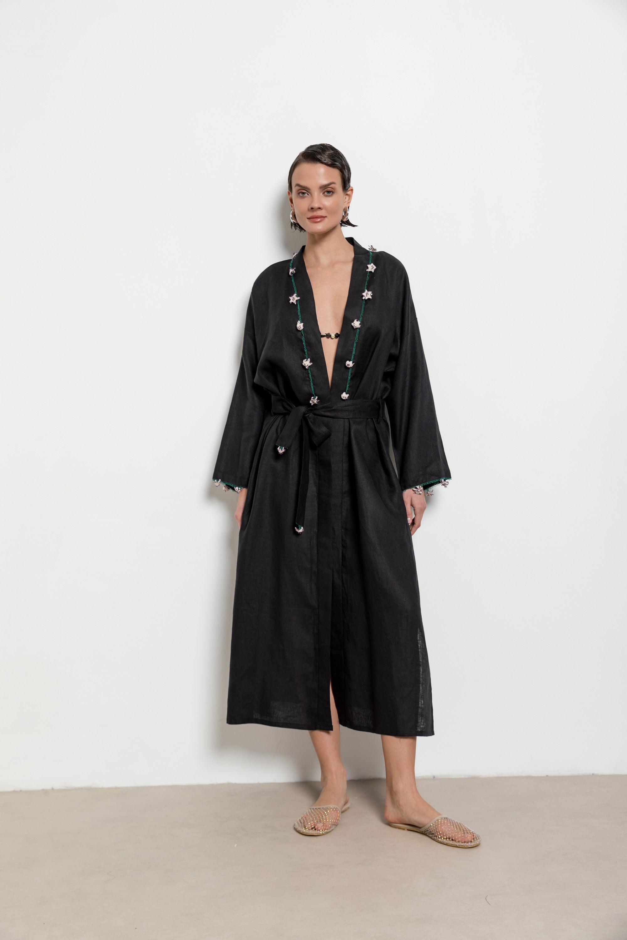 Çakır Dikeni Caftan Long Black - Ecru