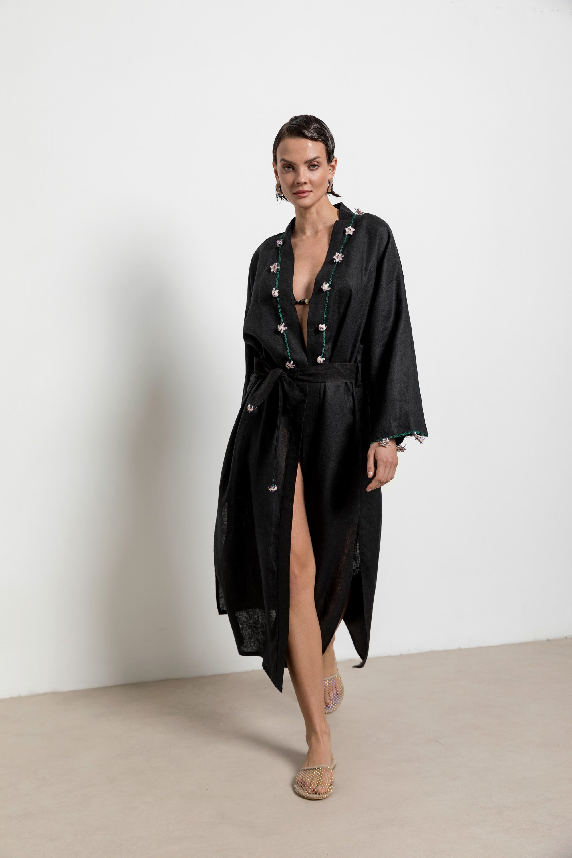 Çakır Dikeni Caftan Long Black - Ecru