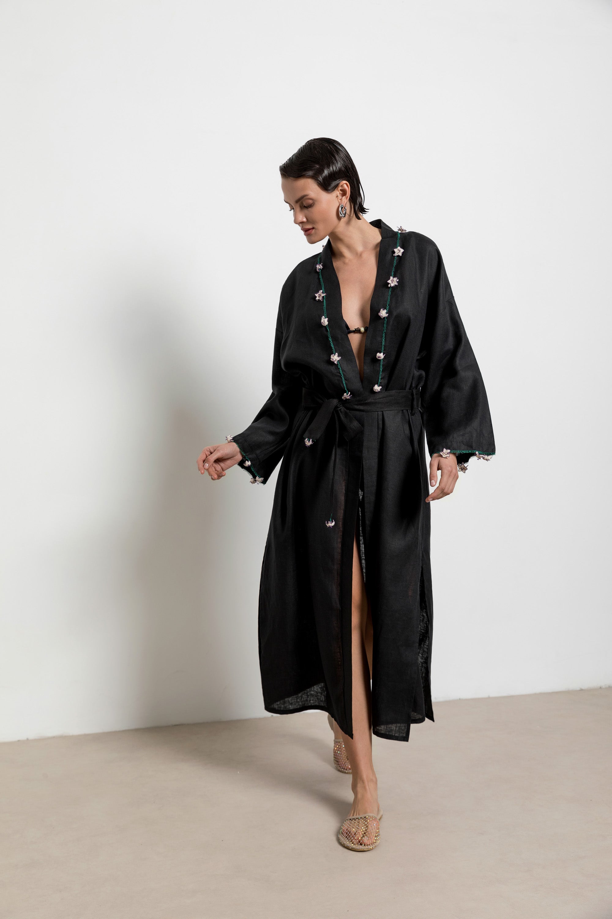 Çakır Dikeni Caftan Long Black - Ecru