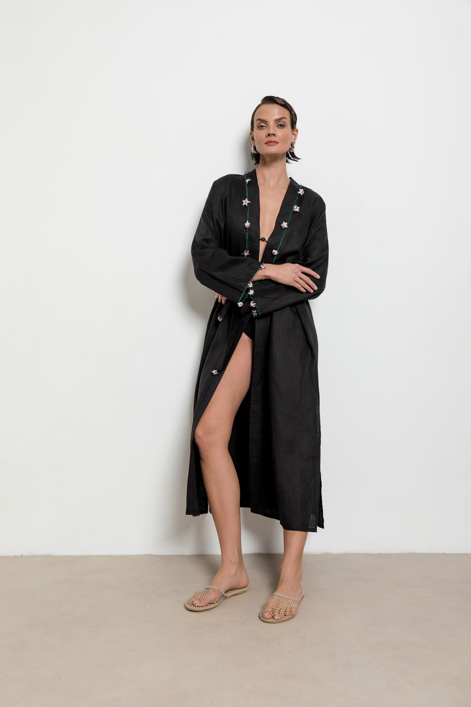 Çakır Dikeni Caftan Long Black - Ecru