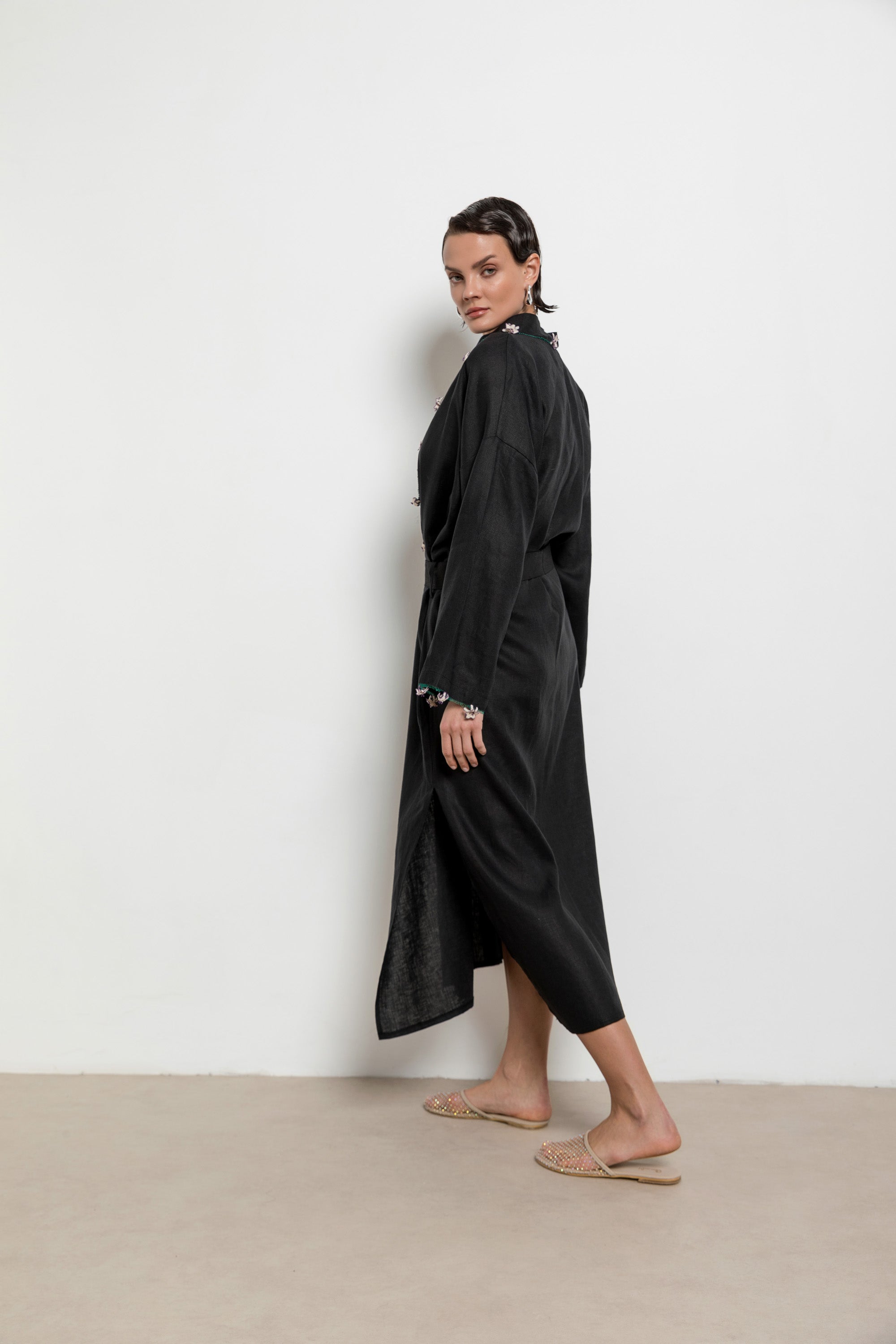 Çakır Dikeni Caftan Long Black - Ecru