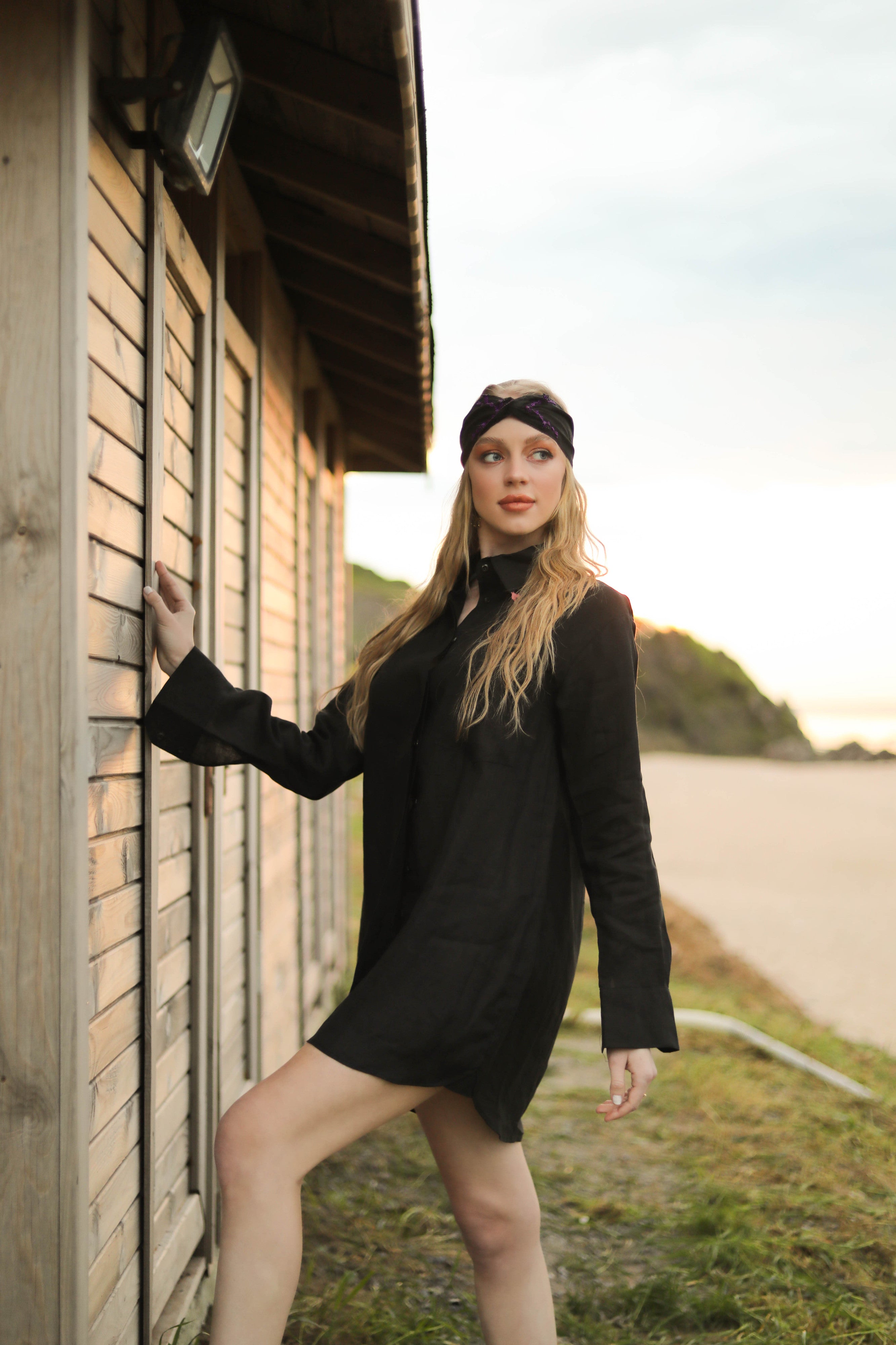 Purple Hyacinth Black Linen Hair Band