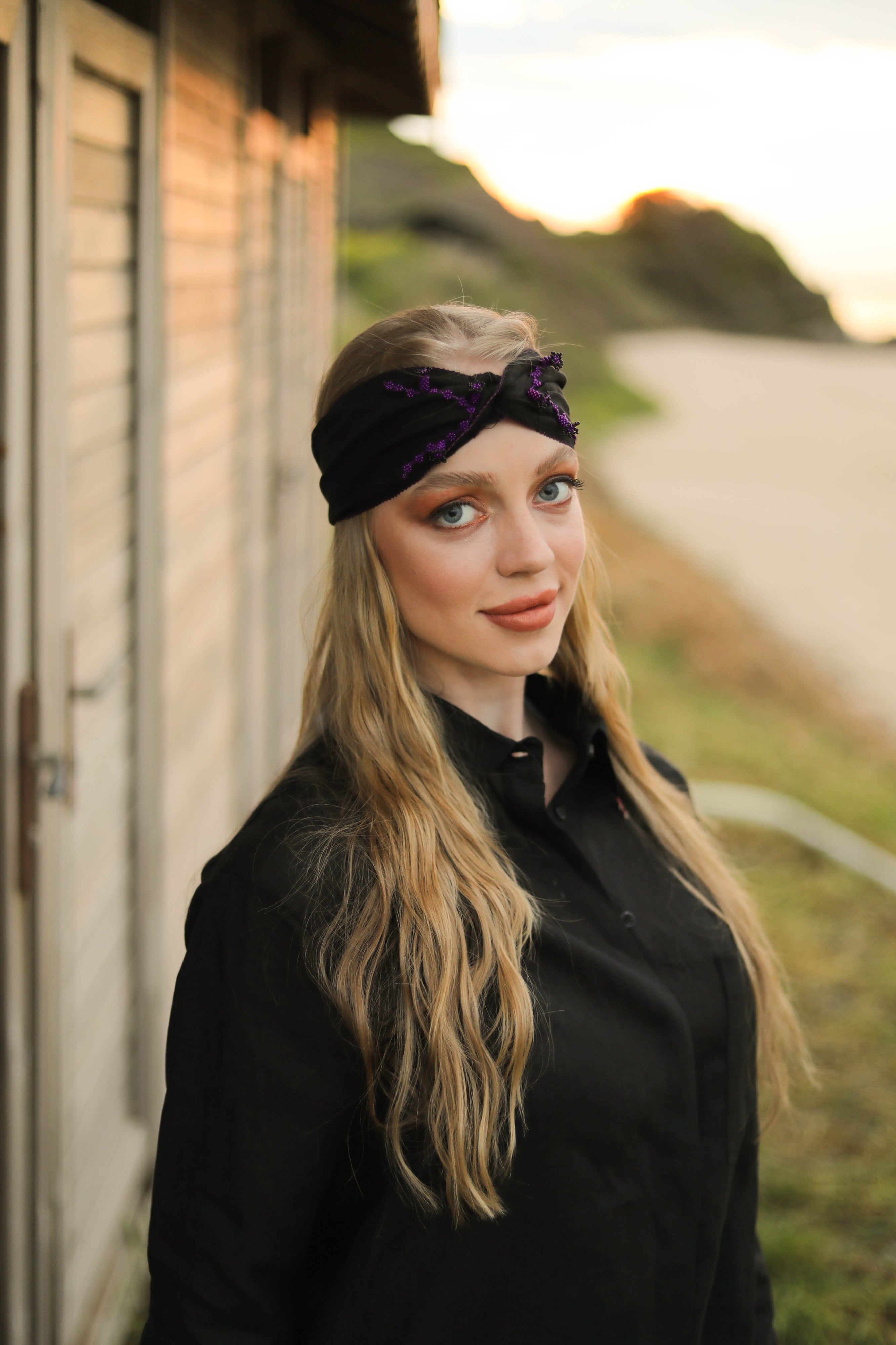 Purple Hyacinth Black Linen Hair Band