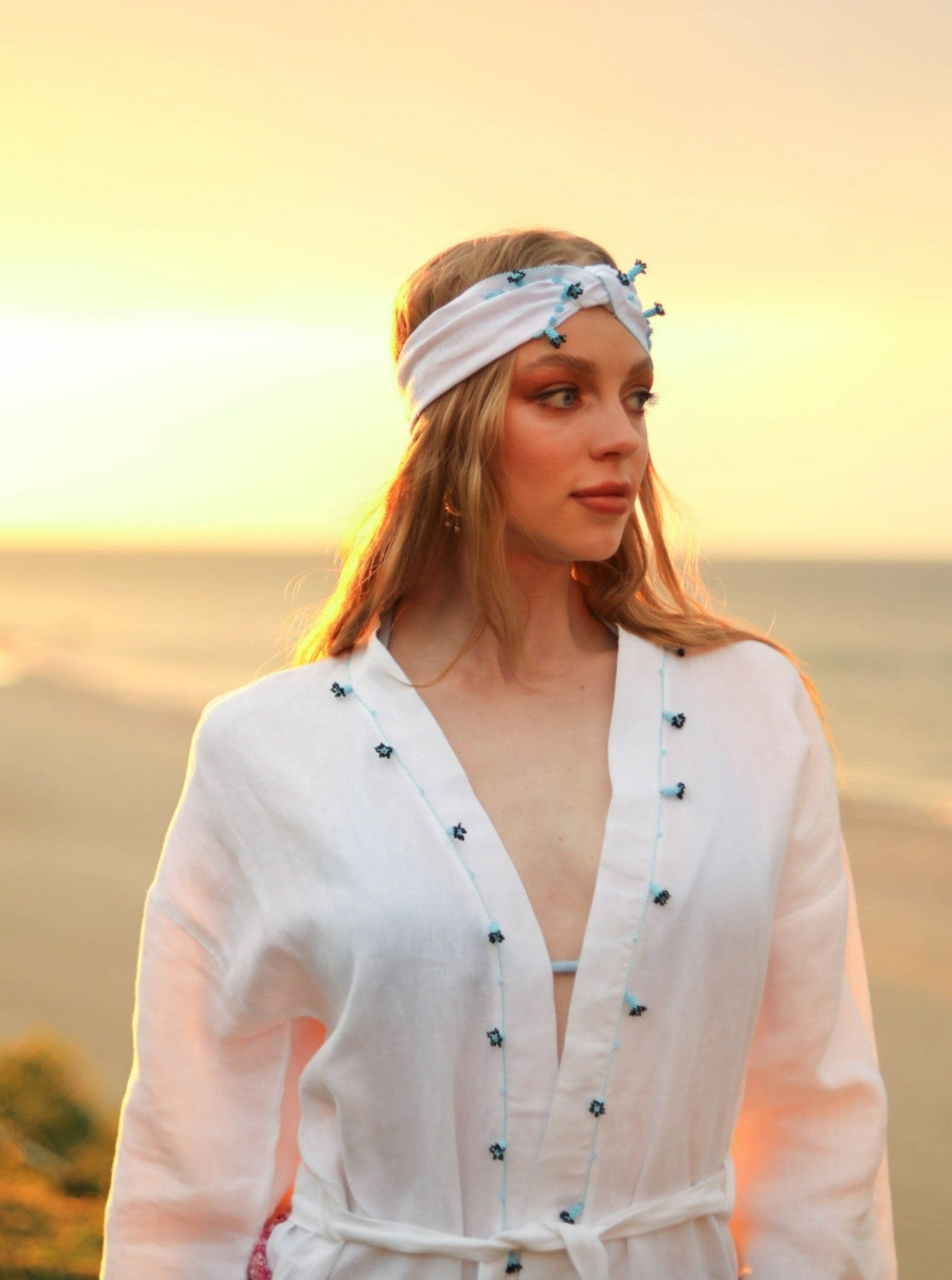 Blue Hyacinth Linen Hair Band White-Black