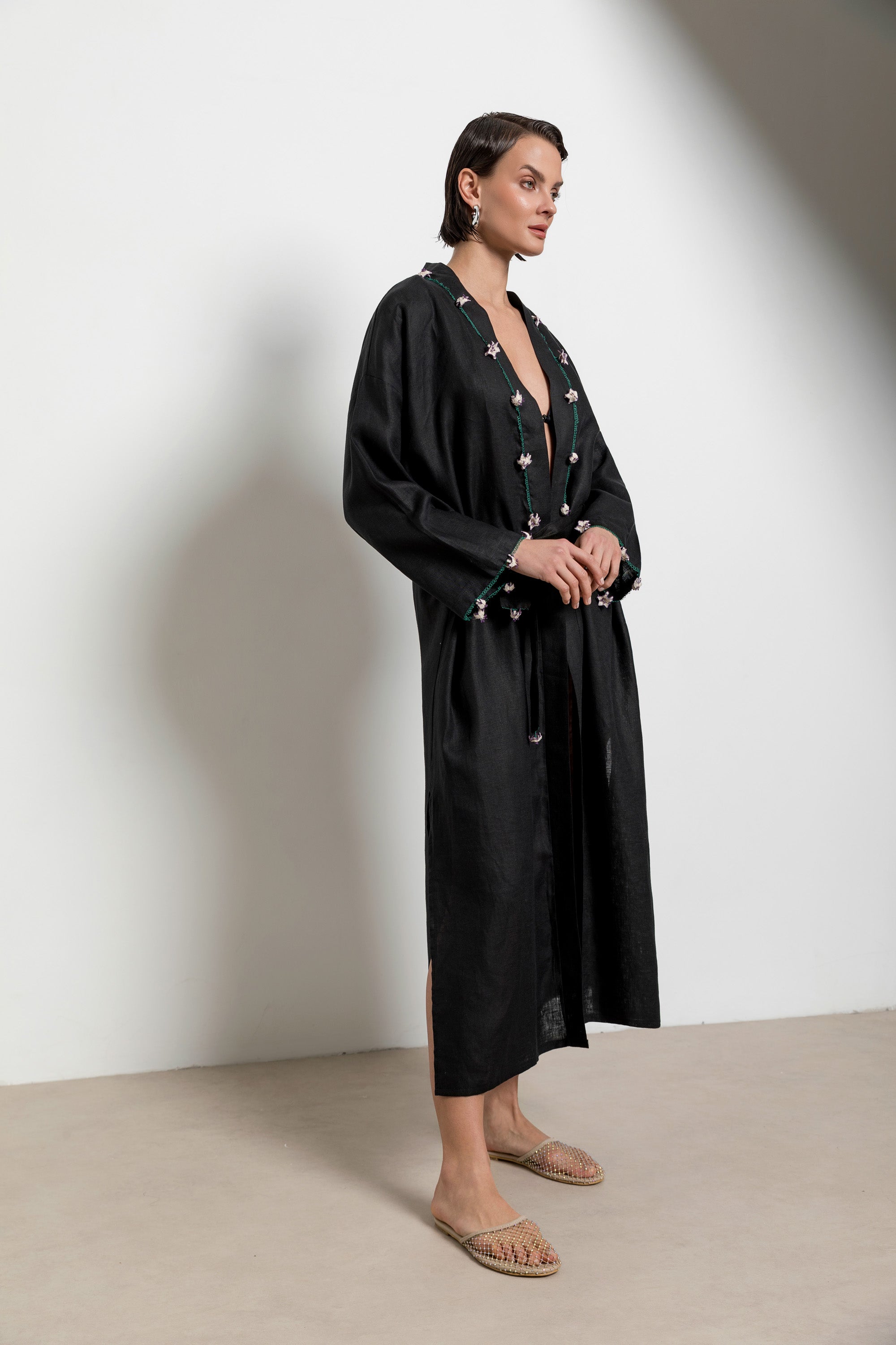 Çakır Dikeni Caftan Long Black - Ecru