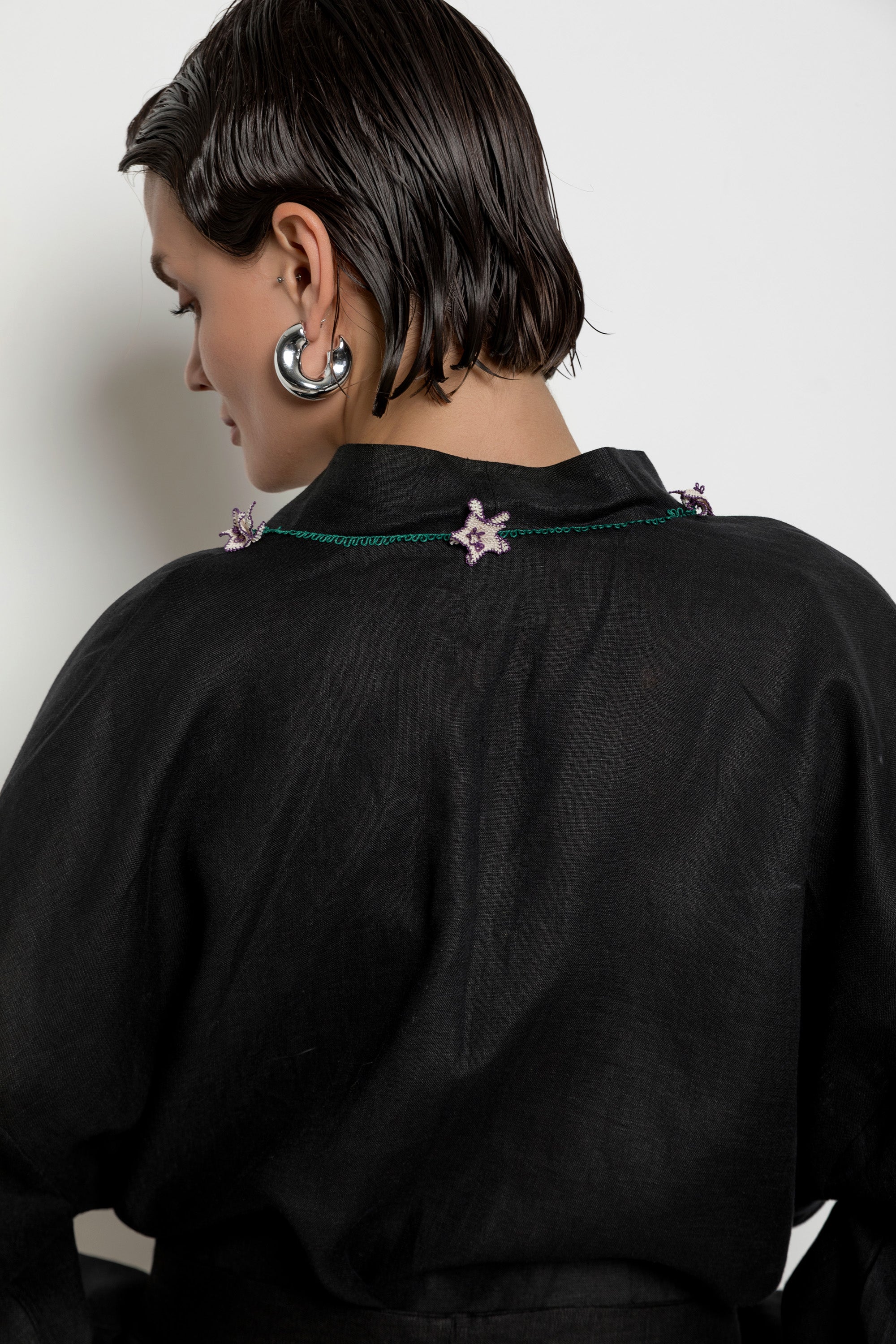 Çakır Dikeni Caftan Long Black - Ecru