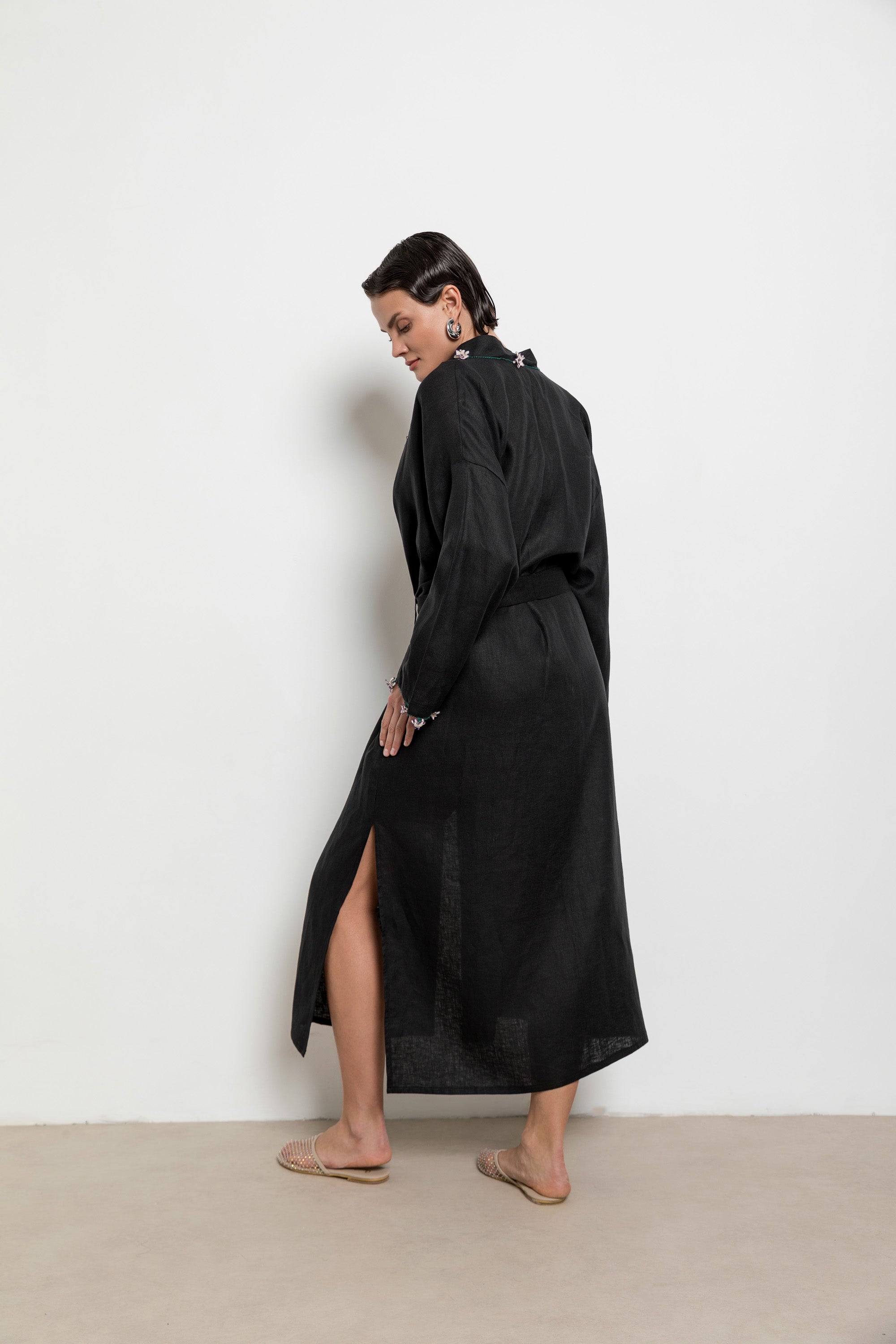 Çakır Dikeni Caftan Long Black - Ecru