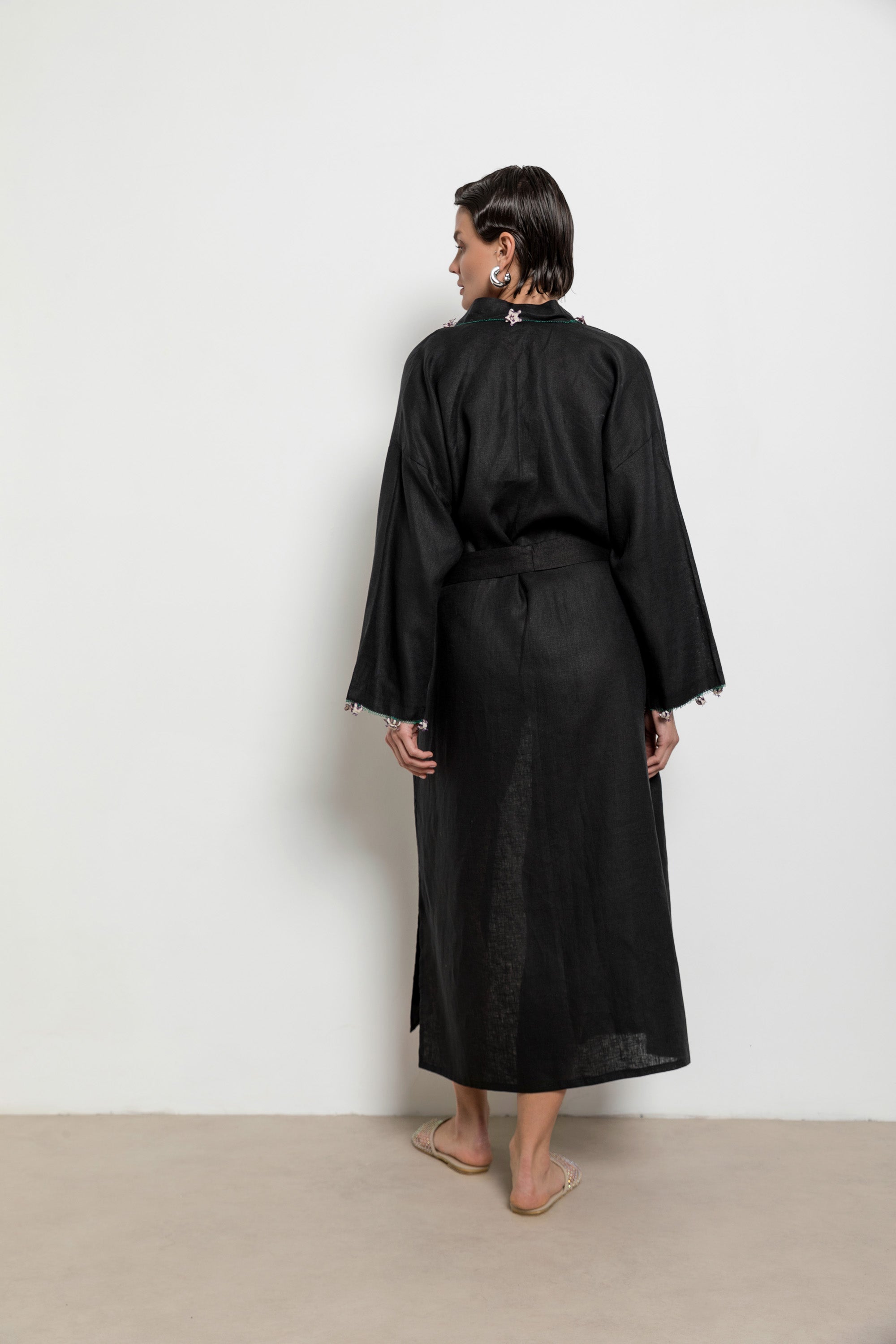 Çakır Dikeni Caftan Long Black - Ecru