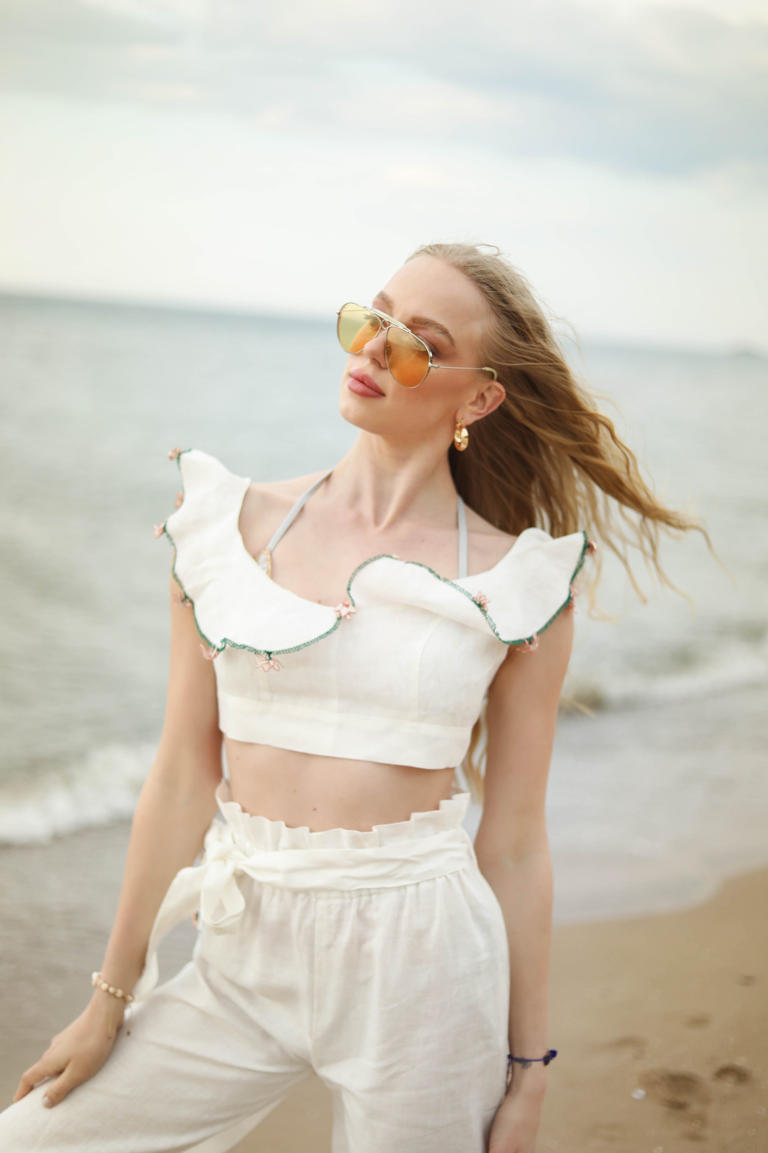 Chakır Dikeni Crop Top Ecru-Black