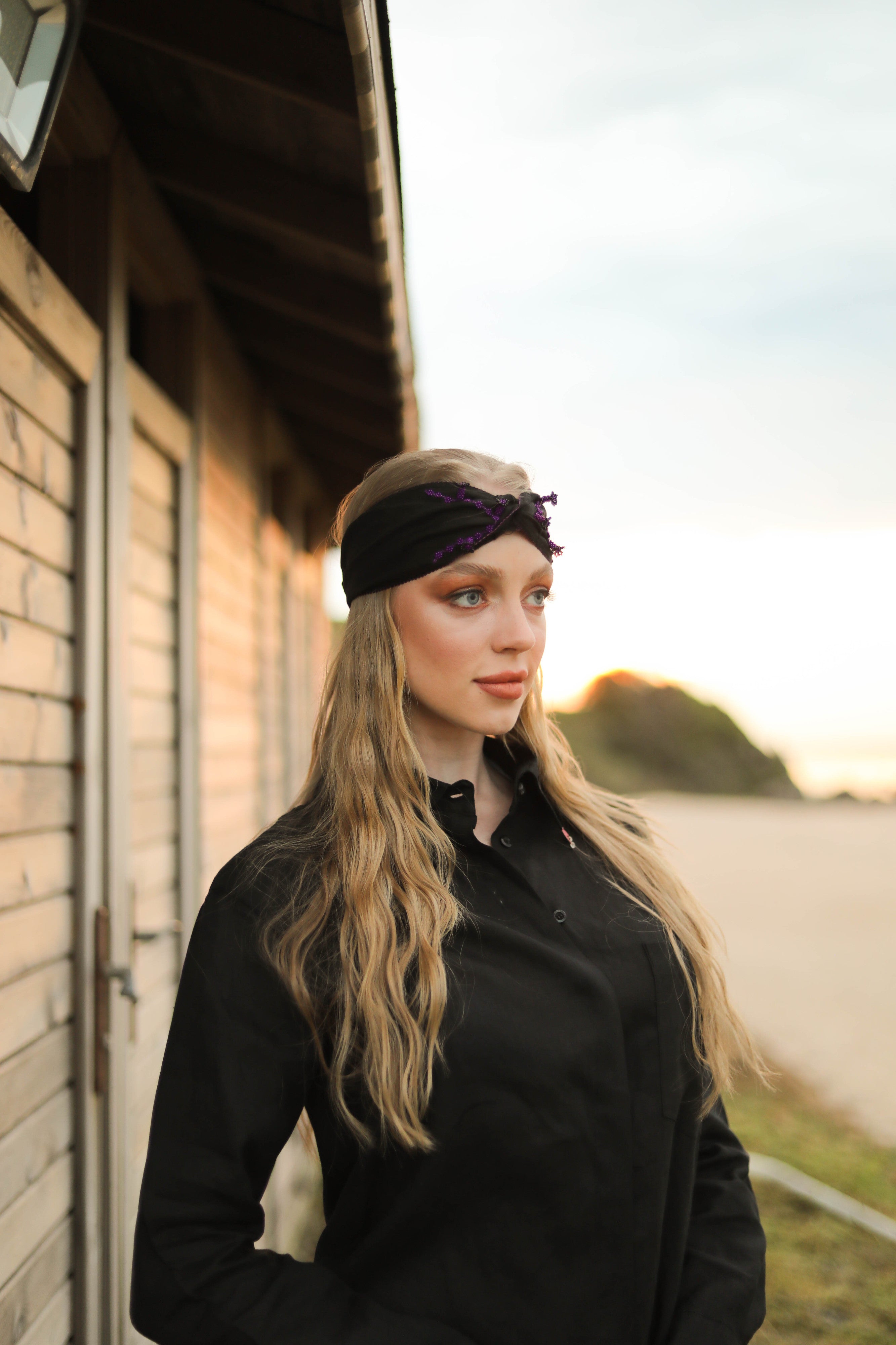 Purple Hyacinth Black Linen Hair Band