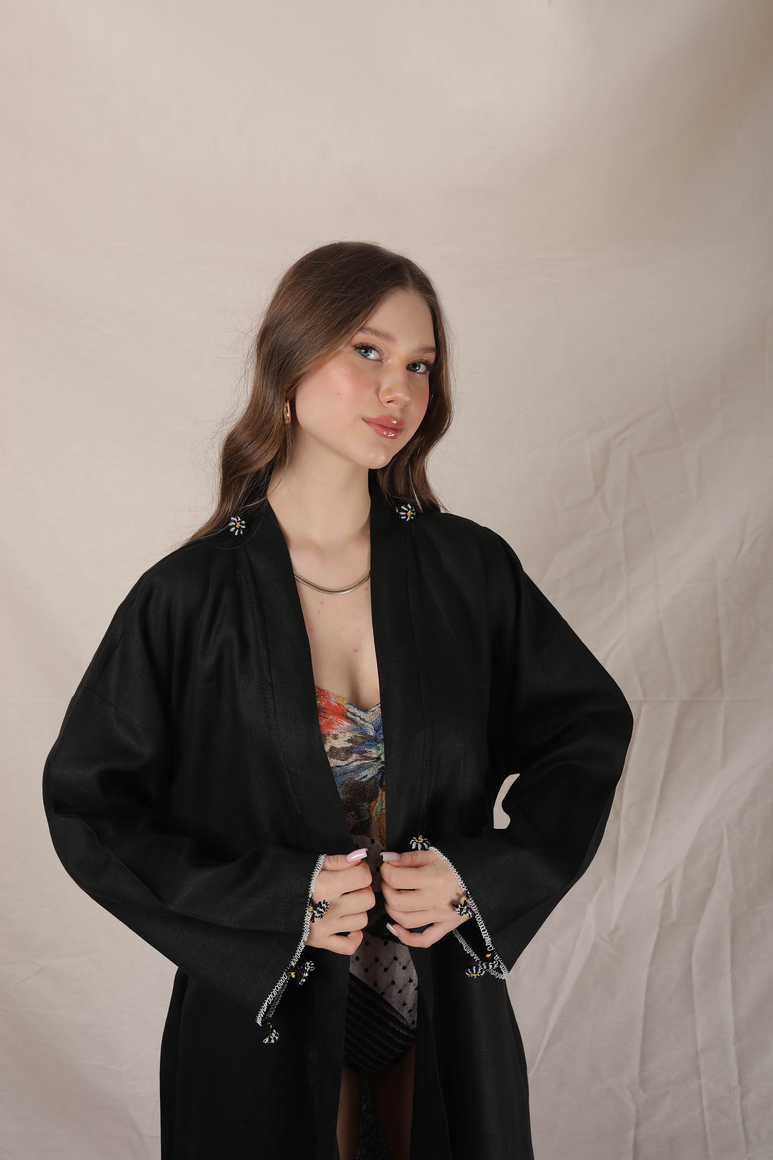 Pure Adalya Kaftan Long Ecru-Black